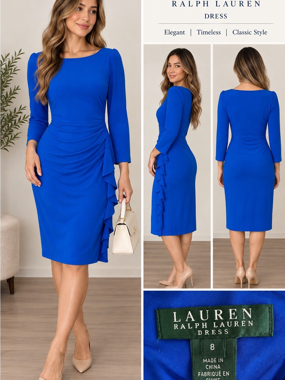 Lauren Ralph Lauren Royal Blue Ruched Ruffle Cocktail Midi Dress Size 8 Medium